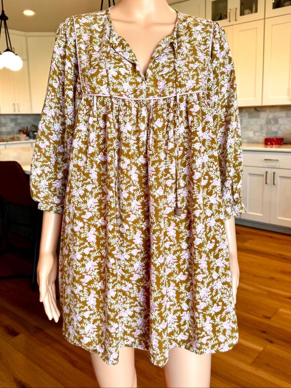 Natural Life Aimee Tunic Mini Dress Brown Pink Floral Boho Babydoll Medium - Picture 2 of 6